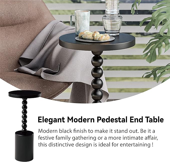 LONYKE Wood Drink Table, Round Martini Table, Modern Pedestal End Table with Base for Small Space Living Room, Bedroom, Black