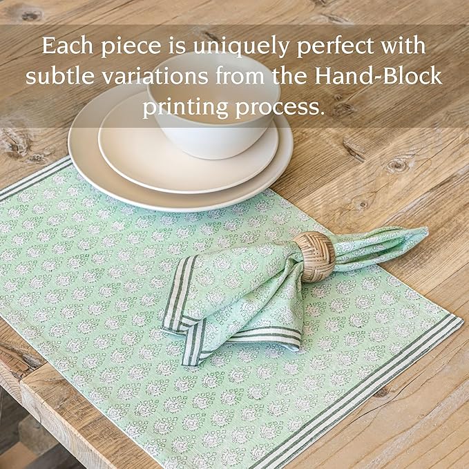 Over&Back Set of 4 Hand-Blocked Placemats - Colorful Dining Table Mat - Each Placemat is Unique - 100% Cotton - Machine Washable - Kitchen and Home Decor - Green Leaf