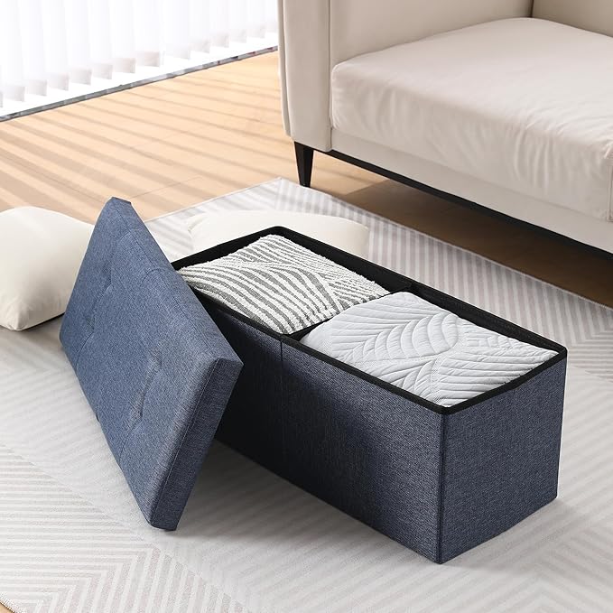 CUYOCA Storage Ottoman Bench Foldable Seat Footrest Shoe Bench End of Bed Storage with Flipping Lid, 75L Storage Space, 30 inches Linen Fabric Navy
