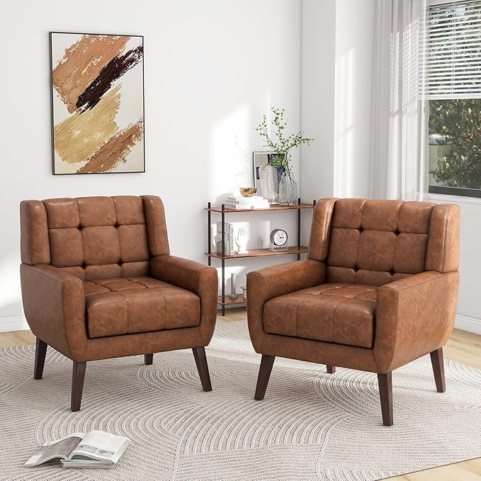 Pia Ricco 2 Pack Mid Century Modern Accent Chairs, Button Tufted Faux Leather Armchairs - Easy-Clean Matching Set for Living Room, Durable Sofa Chairs for Home Office & Lounge, Coffee