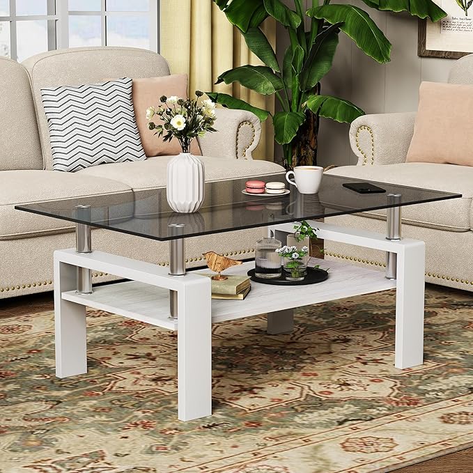 Modern 2-Tier Coffee Table with Tempered Glass Top, MDF Shelf & Metal Legs, Rectangular Living Room Center Table, Sturdy & Stylish Table for Small Spaces, Lounge or Office