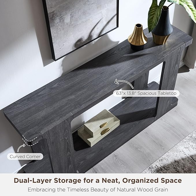 OKD 63 Inch Modern Entryway Console Table, 2-Tier Long Sofa Table Behind Couch with Curved Edge, Wood Farmhouse Narrow Entry Table for Hallway, Living Room, Foyer, Entrance, Dark Alder