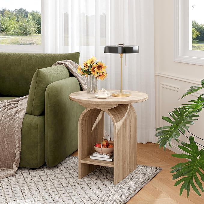 Side Table Set of 2, Round Coffee Table for Living Room, 2-Tier end Table with Storage and Thickened Tabletop, Modern Center Table Boho Small Bed Side Table for Living Room Office, Natural