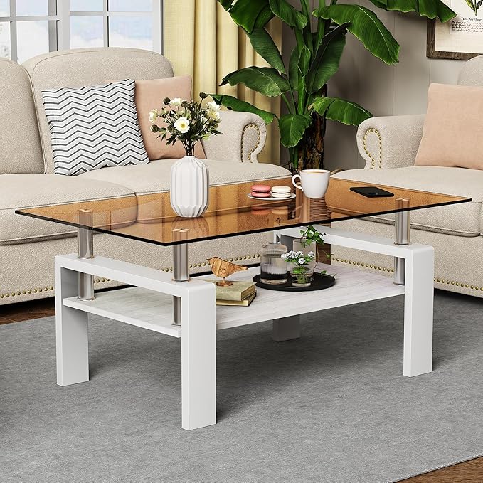 Modern 2-Tier Coffee Table with Tempered Glass Top, MDF Shelf & Metal Legs, Rectangular Living Room Center Table, Sturdy & Stylish Table for Small Spaces, Lounge or Office