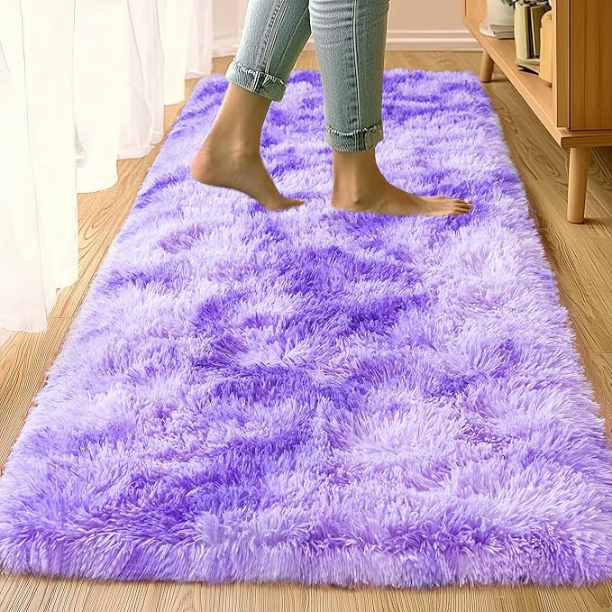 Fluffy Runner Rugs for Bedroom Hallways, 2x6 Runners for Hallways Fluffy Throw Area Rug Non Slip for Bedside Dorm, Shag Rugs for Girls Boys Bedroom, Floor Carpet Runner for Kids Dorm, Tie-Dyed Purple