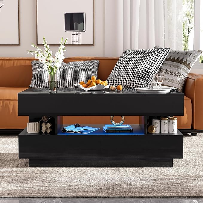 39.3" Lift Top Coffee Table with 2 Drawers and LED Lights, Modern Rectangular High-Gloss Center Table Cocktail Tea Table with Lift-Top and Hidden Space for Living Room Apartment Black