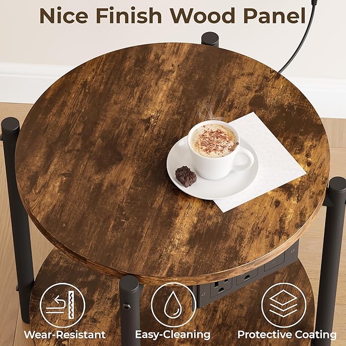 LIKIMIO 15.8" W Small Round Side Table with Charging Station, 2-Tier End Table with Lower Shelf, Wooden Nightstand for Small Spaces, Living Room, Bedroom, Rustic Brown