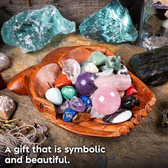 Curawood Carved Hands Offering Bowl - Crystal Holder for Stones, Rock Collection Holder, Crystal Display Storage Tray, Wooden Hands Bowl for Keys - Rock Display Case for Shelf, Stand, Altar Decor (L)