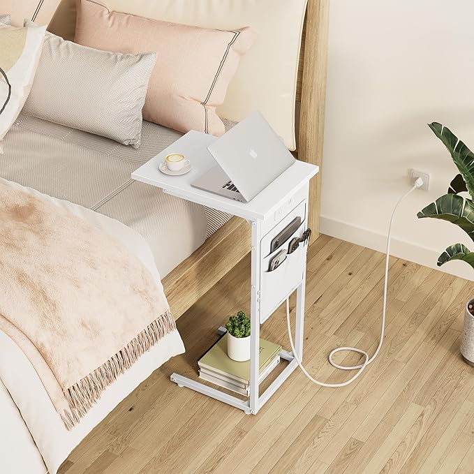 Vagusicc C Shaped End Table with Charging Station, Small Side Table for Couch, Couch Side Tables C Table, Slide Under Sofa Recliner Table TV Tray Arm Tables for Living Room, Bedroom, Bedside, White
