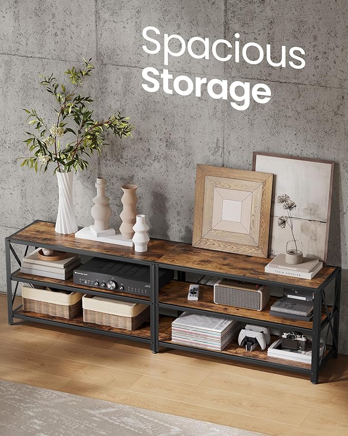 VASAGLE TV Stand with Power Outlets and LED Lights, for TVs up to 75 Inches, Entertainment Center with Open Storage Shelves, TV Console Table for Living Room, Rustic Brown and Ink Black ULTV119K01