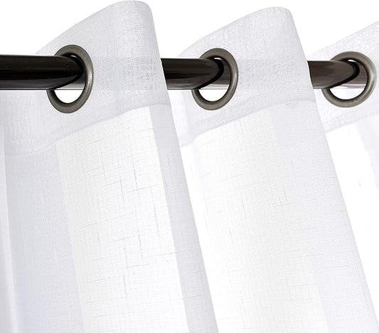 Sheer Curtains Faux Linen Semi Voile Light Filtering Drapes Pair for Bedroom Living Room, Set of 2 Grommet Top Window Curtain Panels (Each 54 x 84 Inch, White)