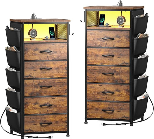 EnHomee Tall Night Stand Set 2 with 5 Drawers, LED Nightstand with Ports & Outlets, Bedside Table with Extra Side Bag & Storage Shelf & Hooks, Bedroom, Dorm, Closet