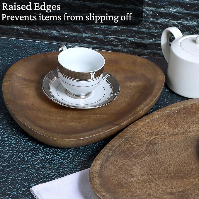 2 Pack Rustic Wooden Serving Tray - Oval Handcrafted Decorative Tray with Felt Base - Coffee Table, Bathroom Vanity, Kitchen Counter Organizer 12 & 14 Inches (Brown)- CLEENTABLE