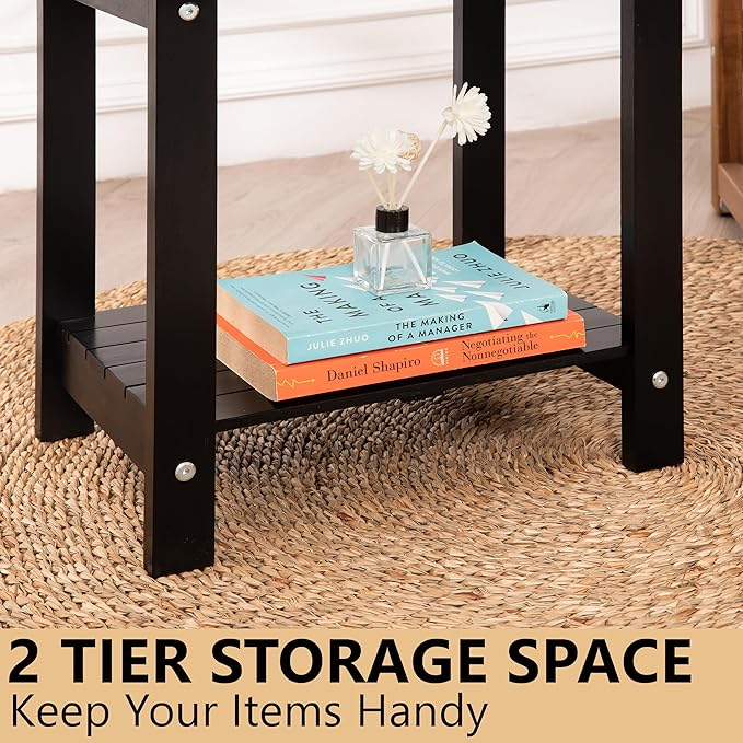 Black Adirondack Outdoor Accent Table – Weather-Resistant Acacia Wood Outdoor End Table with Double Storage, Small Porch Table for Patio, Garden, Lawn, Balcony, and Living Room Use