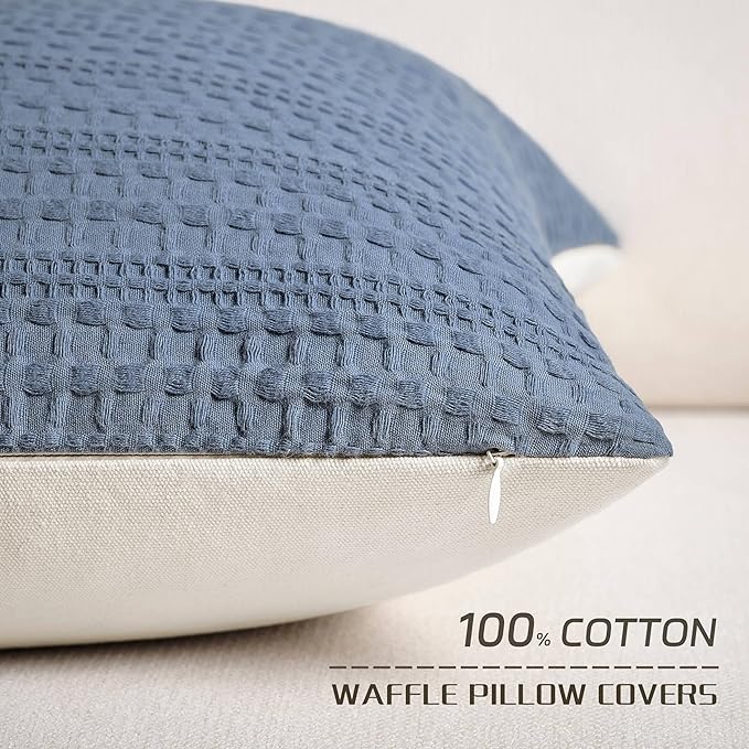 ZeeMart 100% Cotton Waffle Textured Throw Pillow Covers Set of 2, 22x22 Inch Blue, Soft Farmhouse Decorative Couch Pillow Cases Blue Cushion Covers for Sofa Bed Living Room Home Decor