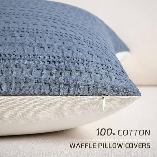 ZeeMart 100% Cotton Waffle Textured Throw Pillow Covers Set of 2, 22x22 Inch Blue, Soft Farmhouse Decorative Couch Pillow Cases Blue Cushion Covers for Sofa Bed Living Room Home Decor