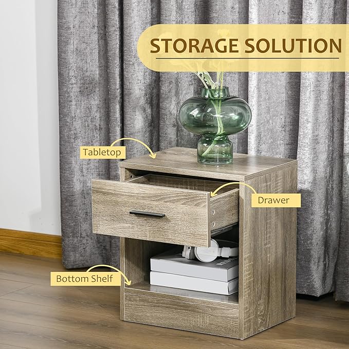 HOMCOM Modern Side Table, Accent Table with Drawer and Storage Shelf, End Table for Living Room, Gray Wood Grain