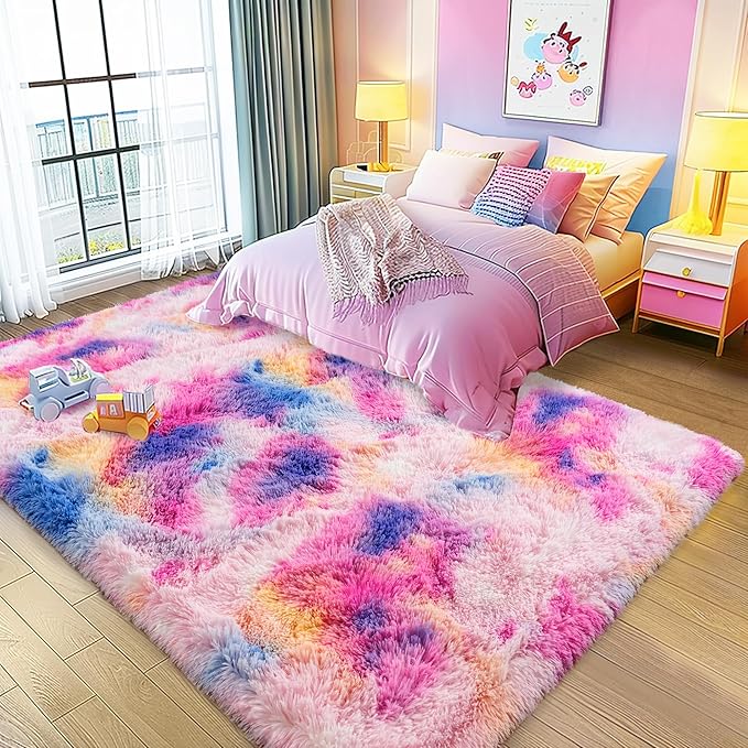 Ultra Fluffy Rug for Living Room Bedroom, 5x7 Fuzzy Large Area Rug for Living Room, Plush Soft Shag Carpet for Girl Boy Kids, Non Slip Rug Modern Indoor Home Decor Aesthetic, Dark Rainbow