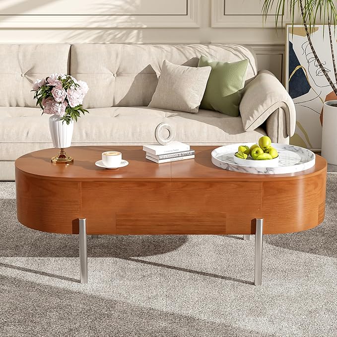 Lift Top Coffee Table with Hidden Compartment, Modern 47.2'' Oval Wooden Center Table Cocktail Tea Table with 360-degree Marble-Patterned Rotating Tray and 3 Drawers for Living Room, Brown