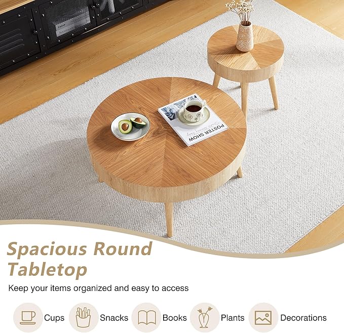 2 Pieces Round Wood Coffee Table Set, Modern Sofa End Table, Accent Side Table for Living Room ﻿ (Natural)