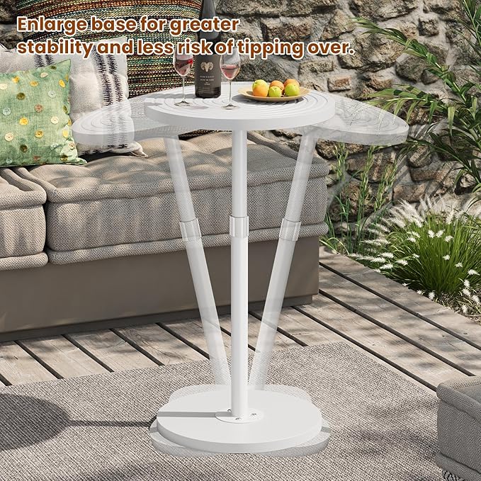 Round Side Table, Small Drink Table for Small Spaces, Adjustable-Height Pedestal Martini Table, Weighted Base Cocktail Stand for Living Room, Bedroom, Bathroom, Nursery, Office, White