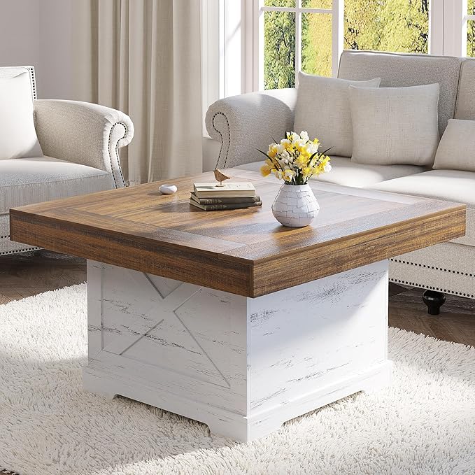 Coffee Table 31.5 in Farmhouse Center Table with X Design Wooden Pedestal for Living Room, Small Square Home Office Tea Accent Table for Dining Room Apartment, Antique White