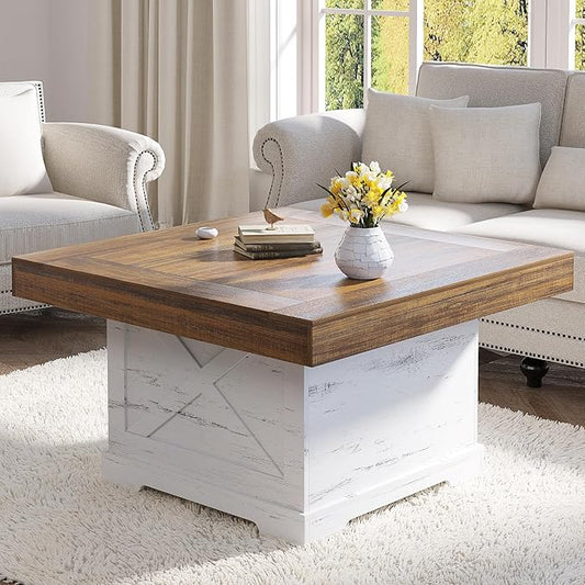 Coffee Table 31.5 in Farmhouse Center Table with X Design Wooden Pedestal for Living Room, Small Square Home Office Tea Accent Table for Dining Room Apartment, Antique White