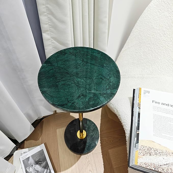Premium Small Round Natural Marble Stone Pedestal Side Table, End Table, Mini Drink Table with Upgraded Weighted Marble Base, for Livingroom, Bedroom, Bathroom, Balcony, Small Spaces (Emerald Green)