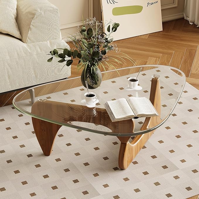 Coffee Table for Living Room Mid Century Modern Center Table with Glass Top and Wood, Transparent/Walnut