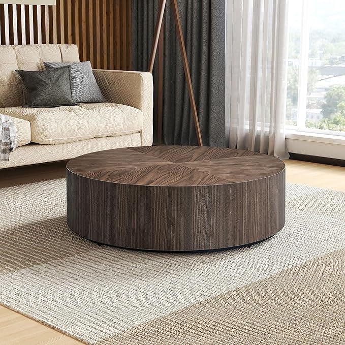 35.43" Round Coffee Table for Living Room, MDF Coffee Table Drum Center Table for Apartment, Modern Drum Circle Coffee Table Side Table End Table, No Need Assembly (Walnut, ø35.43'' x 11.42'')