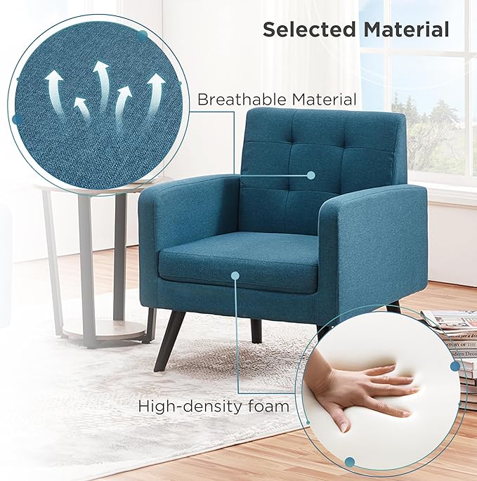 Yaheetech Mid-Century Accent Chairs, Modern Upholstered Living Room Chair, Cozy Armchair Button Tufted Back and Wood Legs for Bedroom/Office/Cafe, Navy Blue