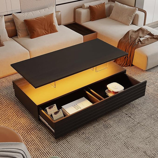 Merax 47.2" Modern Rectangular LED Lights Coffee Table with 2 Drawers, Black