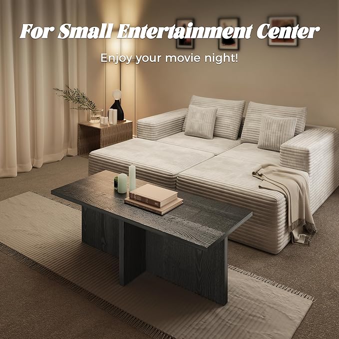 Luoxiao Rectangle Coffee Table for Living Room 47 inch Wood Modern Center Accent Table Minimalist Small Rectangular Cocktail Table Black, Space Saving, Easy Assembly