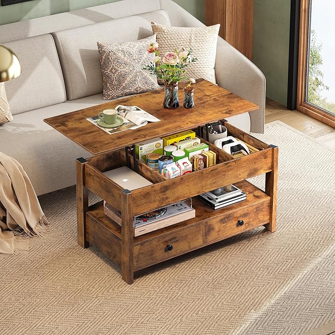 WLIVE Coffee Table, Lift Top Coffee Table with 2 Drawers, Large Hidden Hidden Compartment and Open Shelf, Lift Tabletop, Dining Table for Living Room, Rustic Brown