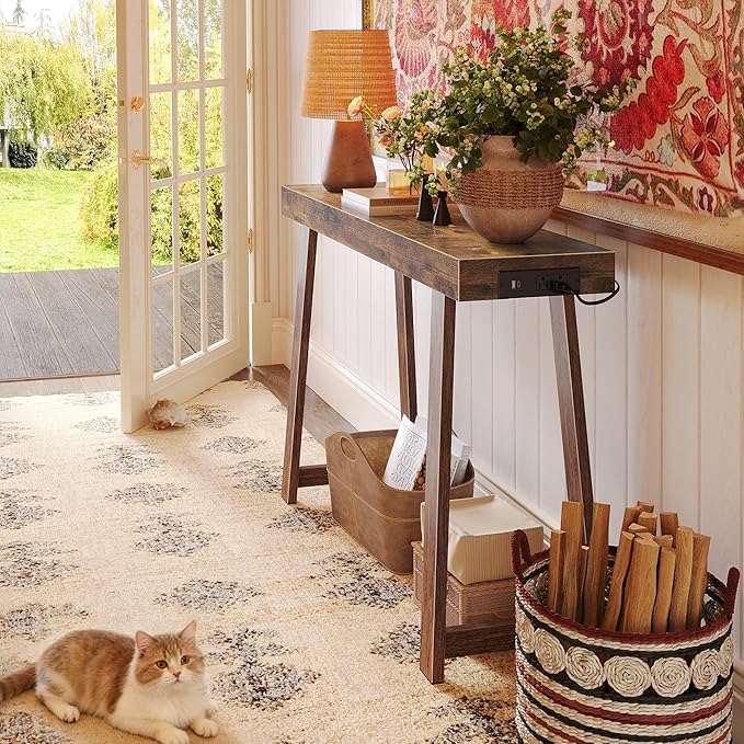 Huuger Entryway Console Table with Charging Station, USB-C Port, 39.4 Inch Sofa Table with Metal Legs, Entry Hallway Table with Thicker Desktop, Modern Behind Couch Table, Rustic Brown