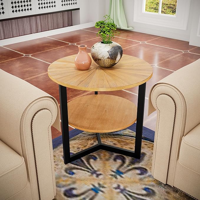 LEEMTORIG Round Side Table, Large End Table Nightstand with Metal Legs, Modern Bedside Table 2-Tier for Living Room, Bedroom, Office, Natural Wood Color/Black, 25.2 x 25.2 x 24 inches CJZ-1338-OA