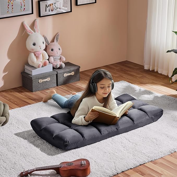 Yaheetech Floor Folding Chair with Back Support, Padded Folding Gaming Sofa Chair with 14 Adjustable Backrest, Adults Couch Recliner, Floor Seating Lounge Chair, Armless Meditation Chair, Gray