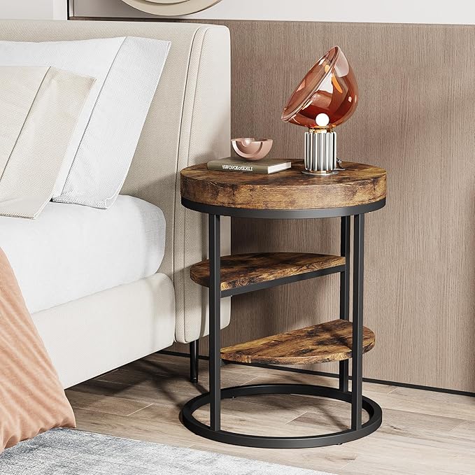 Tribesigns Round End Table, 3-Tier Side Table with Storage Shelves, Rustic Industrial Nightstand for Small Spaces, Wood Metal Accent Table for Living Room, Bedroom, Sofa, Bedside, Rustic Brown