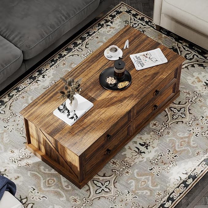 Rustic Coffee Table with Drawers 47 inch Living Room Tables with Storage, Wooden Center Table for Reading Playing Room Home Accent Table for Dining Room Apartment, Walnut