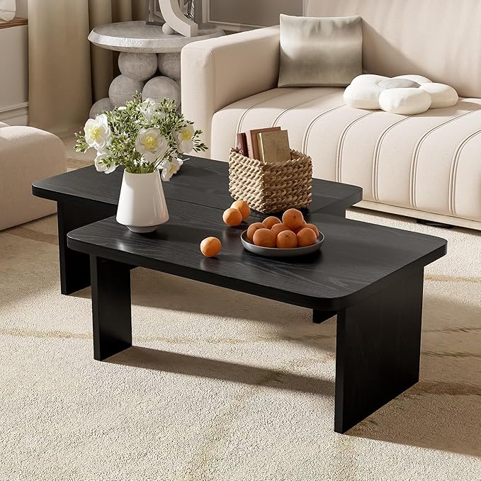 Modern Minimalist Coffee Table Set, Rectangular Modular Splicing Design, MDF Top & Wood Grain Veneer, Multifunctional Combination Center Table for Living Room,Black