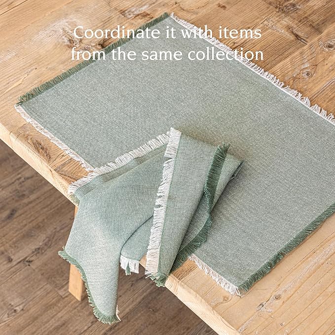Over&Back Set of 4 Woven Frayed Chambray Placemats - Colorful Dining Table Mat - Hand-Finished Frayed Edges - 100% Cotton - Machine Washable - Kitchen and Home Decor - Green - 14" L X 20" W