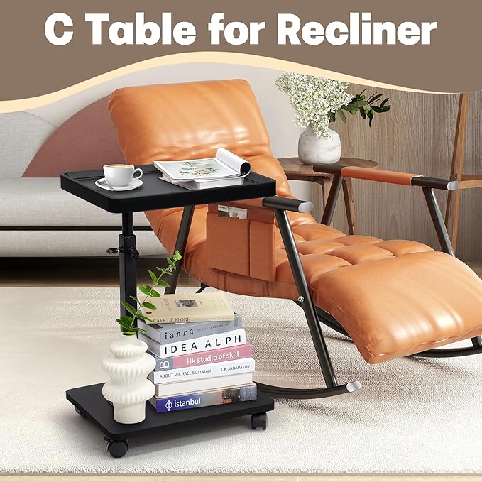 Aoligrace C Shaped End Table Adjustable Height, 360° Swivel Side Table with Wheels, Small TV Tray C Table for Living Room Bedroom, Couch Tables That Slide Under for Sofa Bed Chair