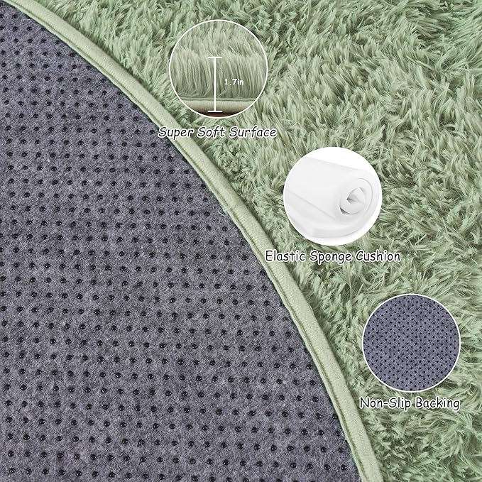 Round Fluffy for Bedroom Rugs, 5Ft Sage Green Shag Circle Rug Non-Slip for Kids Girls Boys Bedroom Dorm Nursery Playroom, Soft Cute Area Rugs for Living Room Decor