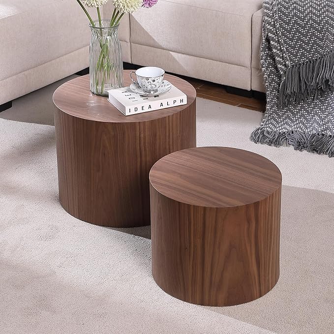 Small Coffee Table Nesting End Table Set of 2, Round Coffee Table Wood Side Table Circle Accent Tables for Small Spaces Living Room Bedroom Balcony Office, Walnut