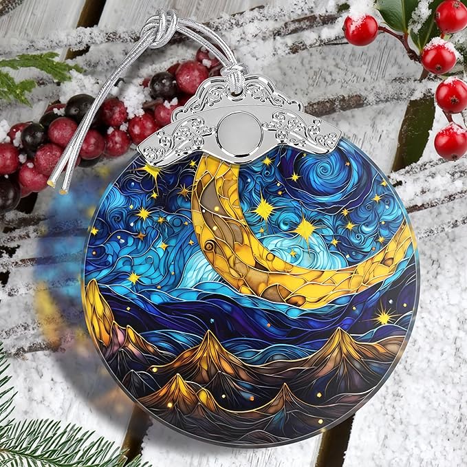 Retro Moon Star Stained Glass Hanging Ornament - Christmas Tree Decoration, Holiday Ornament, Gift Idea