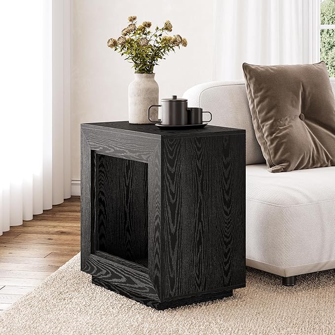 LITTLE TREE End Table with Storage, Set of 2 Wooden Square Side Table, Industrial Sofa Side Tables for Living Room, 2-Tier Bedside Table Nightstand Chair Side Table for Bedroom, Small Spaces, Black