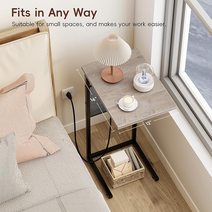 Vagusicc C Shaped End Table with Charging Station, Tall Side Table for Couch, Small Couch Side Table Recliner Tables, Slide Under Sofa Table TV Tray Arm Tables for Living Room, Bedroom, Bedside, Gray