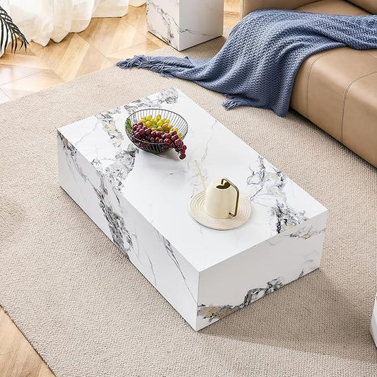 39.3" Rectangular Wood Coffee Table, Modern White Faux Marble Pattern Coffee Tables for Living Room, Contemporary No Assembly Wooden Center Cocktail Table for Bedroom, Reception Room