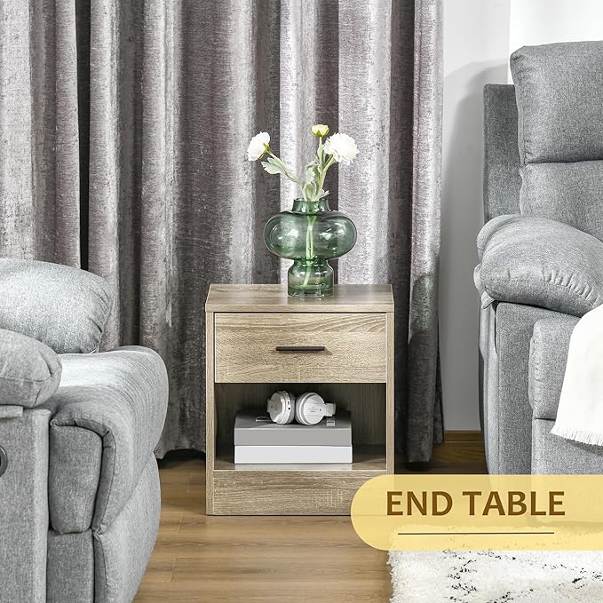 HOMCOM Modern Side Table, Accent Table with Drawer and Storage Shelf, End Table for Living Room, Gray Wood Grain