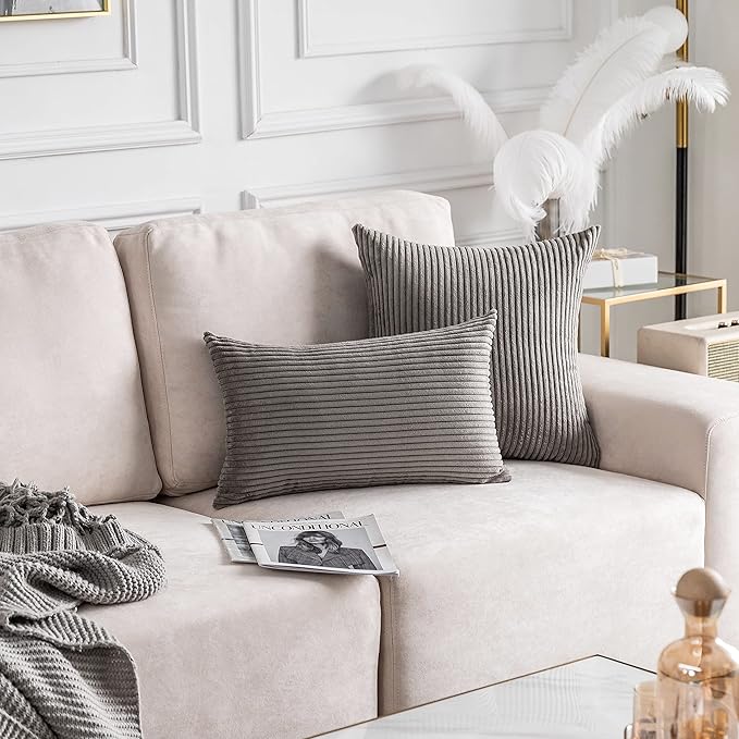 Home Brilliant Throw Pillow Covers 26x26 Euro Sham Covers Super Soft Striped Corduroy Decorative for Couch Bench Sofa Bedroom Patio Furniture, Set of 2, 26 x 26 inch, Ash Grey